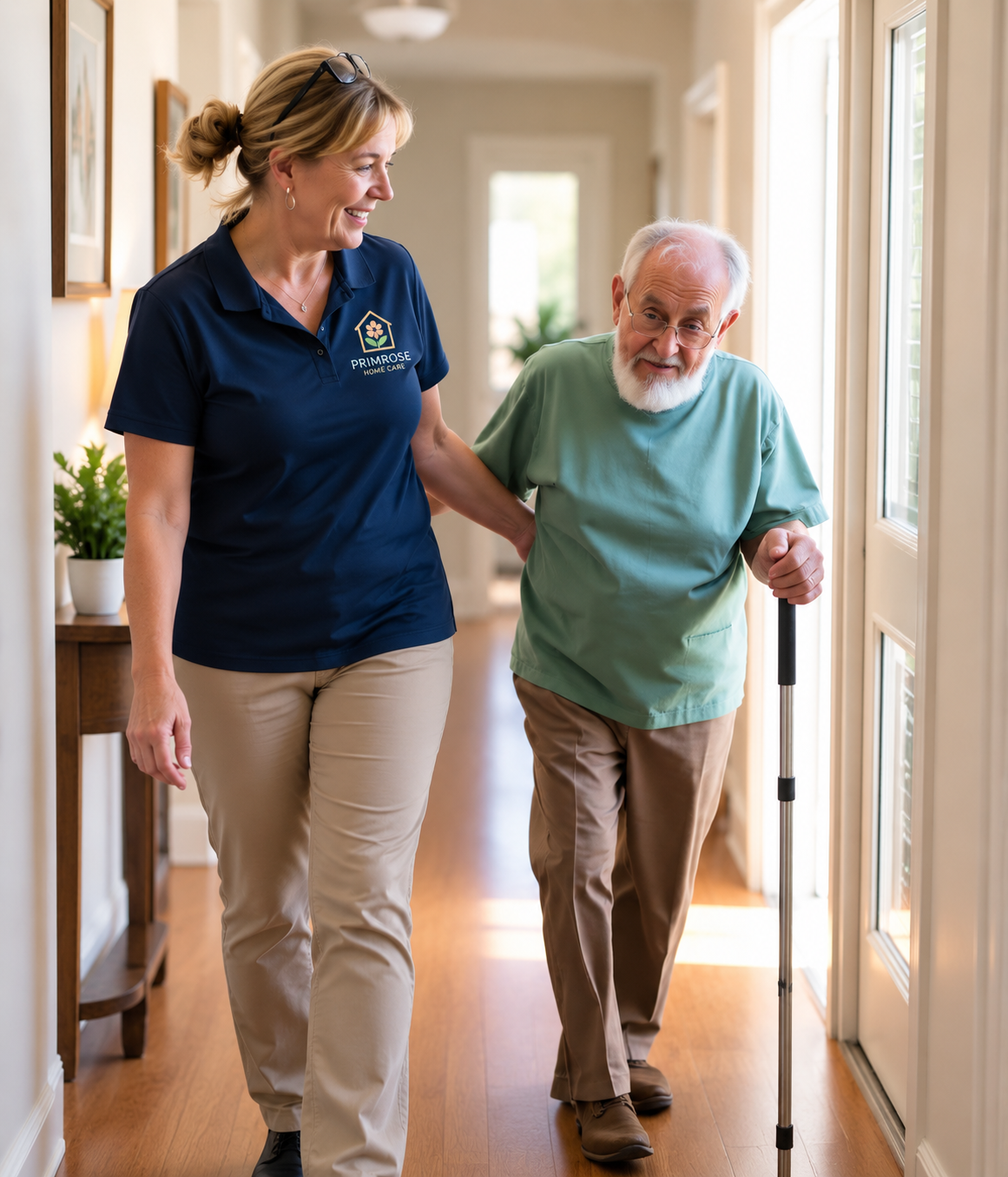 Caregiver walking with an elderly gentleman at home