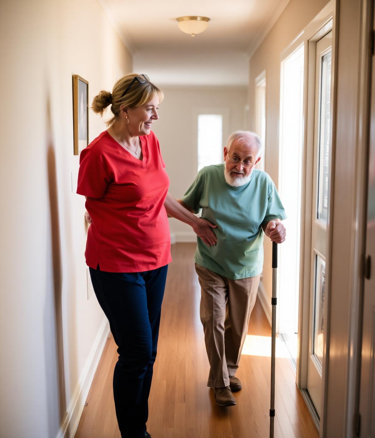 Caregiver walking with an elderly gentleman at home