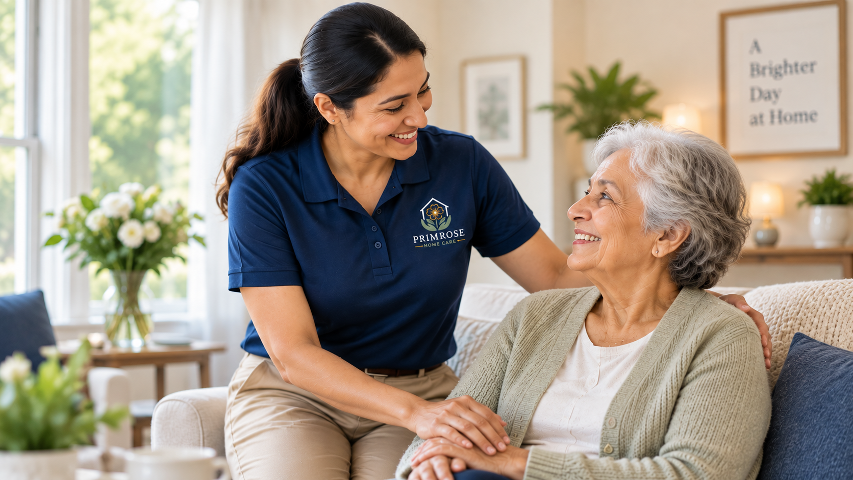Caregiver sharing a warm moment with a senior at home
